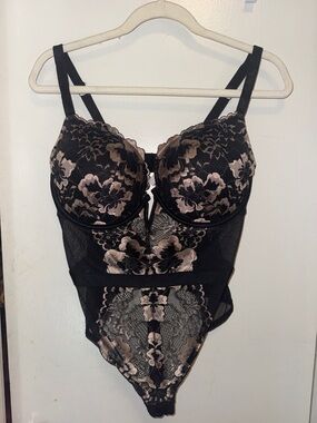 Auden Black and Blush Floral Lace Bodysuit